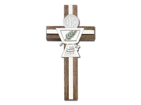 4 inch Enameled Communion Chalice Cross, Walnut with Antique Silver inlay