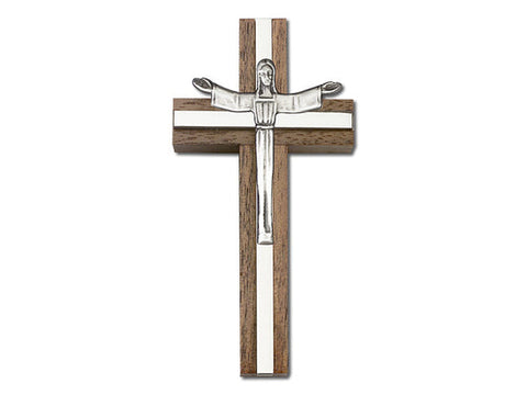 4 inch Risen Christ Cross, Walnut with Antique Silver inlay