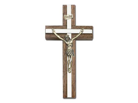 4 inch Antique Gold Crucifix, Walnut with Polished Silver Finish inlay