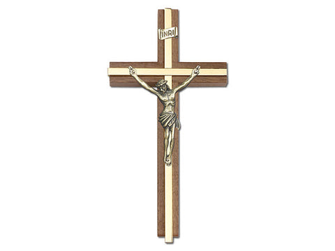 6 inch Antique Gold Crucifix, Walnut with Polished Brass inlay