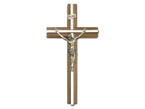 6 inch Antique Gold Crucifix, Walnut with Polished Silver Finish inlay