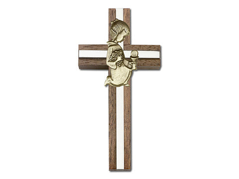 4 inch Communion Girl Cross, Walnut with Antique Gold inlay
