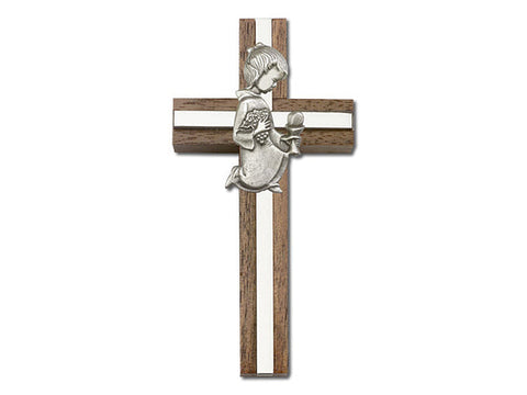4 inch Communion Girl Cross, Walnut with Antique Silver inlay