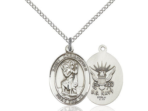 St. Christopher Navy Medal, Sterling Silver, Medium, Dime Size 