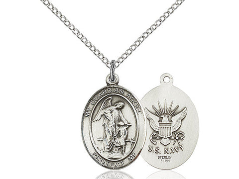 Guardian Angel Navy Medal, Sterling Silver, Medium, Dime Size 