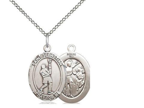 St. Sebastian Lacrosse Medal, Sterling Silver, Medium, Dime Size 