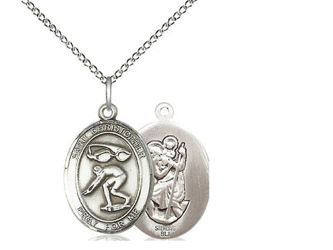 St. Christopher Swimming Medal, Sterling Silver, Medium, Dime Size 