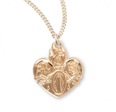 4 Way Sacred Heart of Jesus Pendant, 16 Karat Gold Over Sterling Silver with Chain