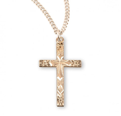 Cross Pendant with Flower Tip, 16 Karat Gold Over Sterling Silver with Chain