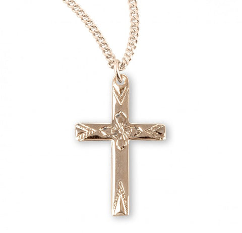 Cross with High Polished Flower Pendant, 16 Karat Gold Over Sterling Silver with Chain