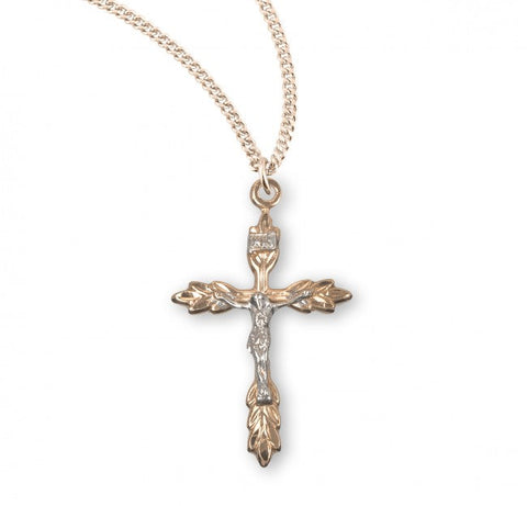 Crucifix Pendant with Wheat Design, 16 Karat Gold Over Sterling Silver with Chain