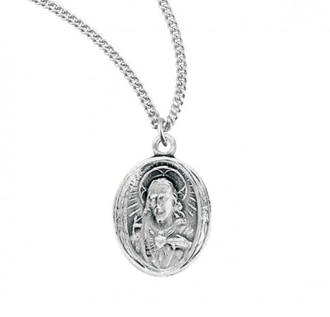 Sacred Heart of Jesus Pendant Oval, Sterling Silver with Chain
