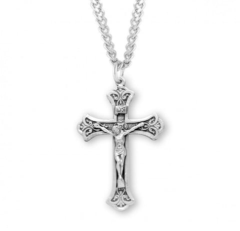 Crucifix Pendant Ornate, Sterling Silver with Chain