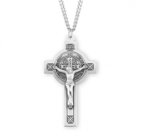 St. Benedict Crucifix Pendant, Sterling Silver with Chain