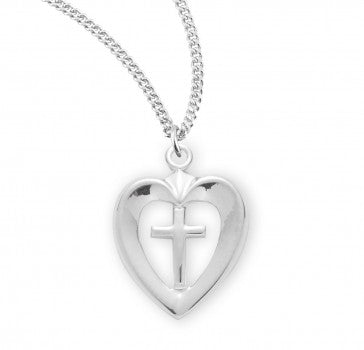 Cross Pendant with Open Heart, Sterling Silver with Chain