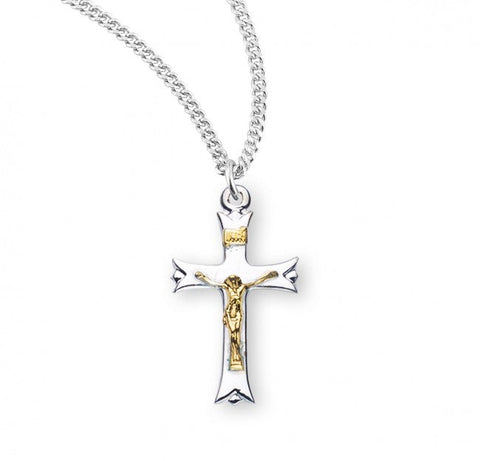 Crucifix Pendant Fancy Tip Two Tone, Sterling Silver with Chain