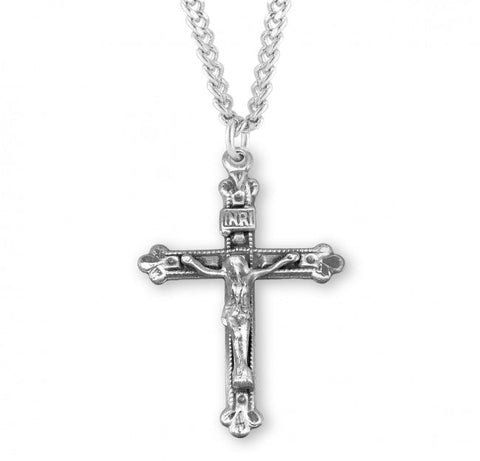Crucifix Pendant with Beaded Border, Sterling Silver with Chain