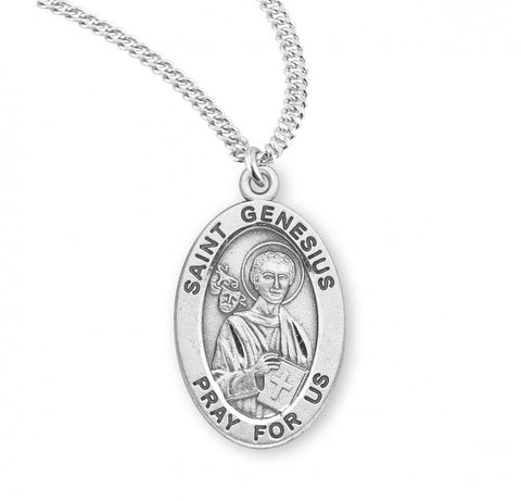 St. Genesius Pendant Oval Sterling Silver with Chain