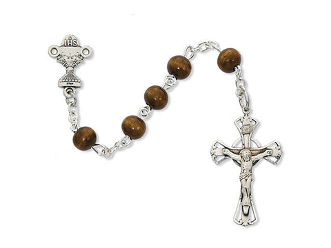 5mm Sterling Silver Brown Wood Rosary with Box