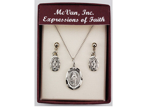 Rhodium Oval Miraculous Pendant And Earring Set