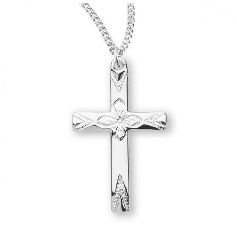 Cross Pendant High Polish with Flower Center, Sterling Silver with Chain