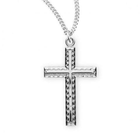 Cross Pendant Etched with Inlay, Sterling Silver with Chain