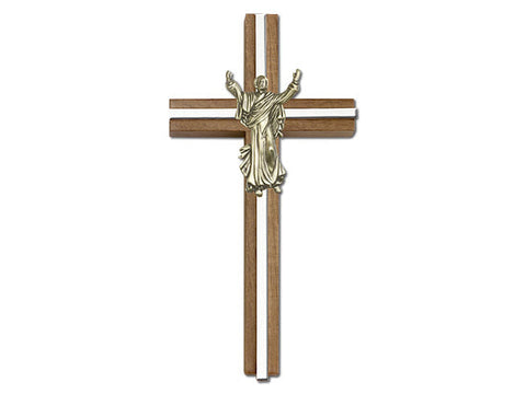 6 inch Contemporary Risen Christ Cross, Walnut with Antique Gold inlay
